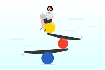 Woman working with computer laptop while balance on equilibrium, work life balance, equality or weight between working for money and life happiness, health, success and healthy lifestyle (Vector)