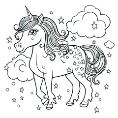 Pony ,Unicorn and rainbow coloring book page on a white background-generative ai