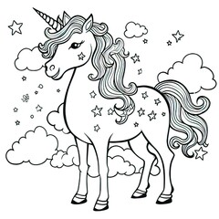 Obraz na płótnie Canvas Pony ,Unicorn and rainbow coloring book page on a white background-generative ai