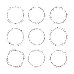 Set Abstract Black Collection Simple Line Round Circle With Leaf Leaves Frame Flowers Doodle Outline Element Vector Design Style Sketch Isolated Illustration For Wedding And Banner