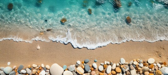 Summer sandy beach and pebble stone. Generative AI technology. - obrazy, fototapety, plakaty