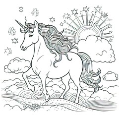 Obraz na płótnie Canvas Pony ,Unicorn and rainbow coloring book page on a white background-generative ai
