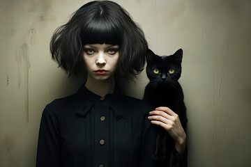 A black-haired girl with a black cat on an abstract background.