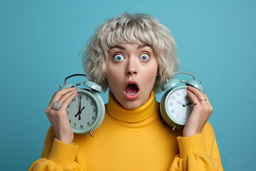 woman holding an alarm clock with shocked expression - obrazy, fototapety, plakaty
