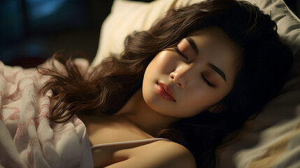 Naklejka premium Young Asian Woman in Pajamas Sleeping Happily on the Bed in Bedroom at Night