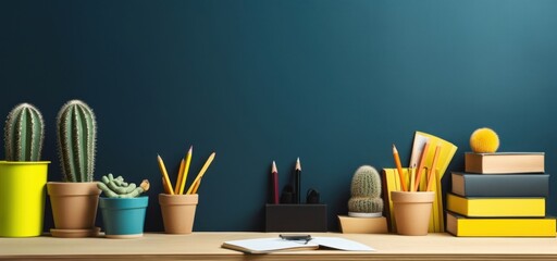 Creative desk with notebook, desk objects, office supplies, books, and cactus on a dark blue background, Generative AI