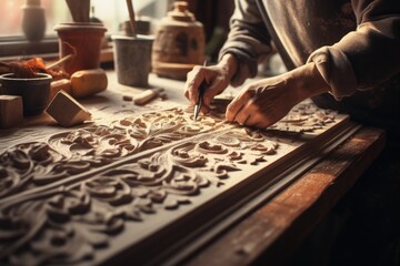 Artisan hands meticulously carving ornate details into wood. Traditional craftsmanship. - obrazy, fototapety, plakaty