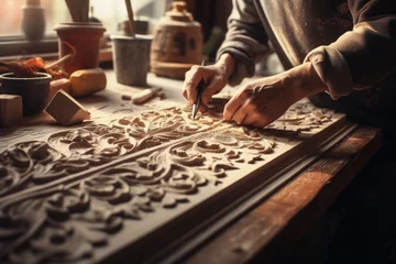 Foto op Canvas Artisan hands meticulously carving ornate details into wood. Traditional craftsmanship. © Postproduction