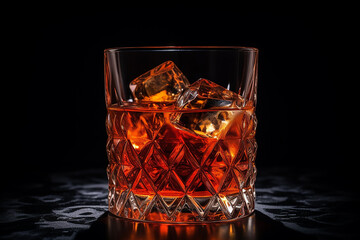 Close-up shot of a freshly poured Sazerac cocktail. Dark background.
