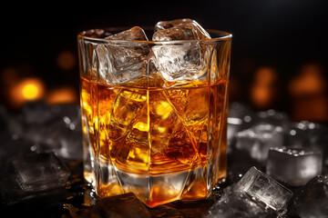 Close-up shot of freshly poured Sazerac cocktail on ice cubes. Dark background.
