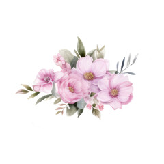 Fototapeta na wymiar Watercolor wedding graceful bouquet of spring flowers in a delicate pastel palette. Suitable for wedding invitation designs, and various holiday themed designs.