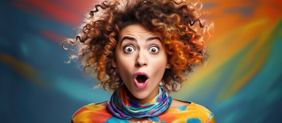 Surprised young woman with curly hair dyeing tye die clothes, appearing skeptical and sarcastic with open mouth. - obrazy, fototapety, plakaty