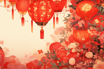 Chinese oriental watercolor background with traditional paper lanterns