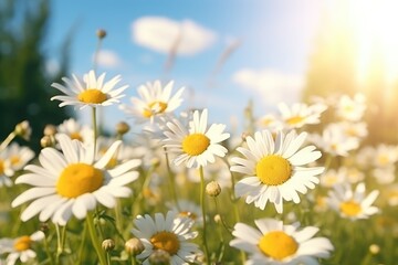 Fototapeta premium A field of white flowers under a blue sky, meadow of daisy stock.