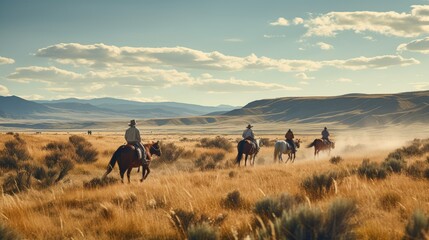 A group of ranchers herding cattle across vast plains - obrazy, fototapety, plakaty