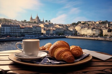 Fototapeta premium Breakfast food croissant in plate and coffee