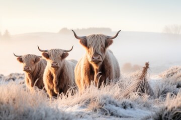 Highland cows gazing away in winter scenery, foggy morning