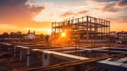 Construction site and sunset , structural steel beam build large residential buildings. - obrazy, fototapety, plakaty