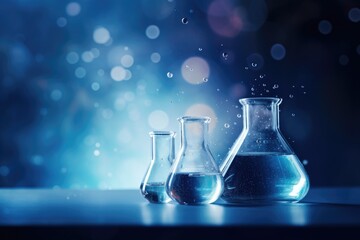 Laboratory flasks beakers in laboratory science. - obrazy, fototapety, plakaty