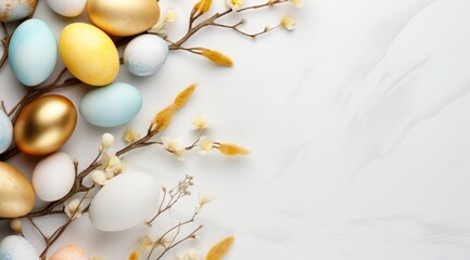 Beautiful Easter eggs and tree branches on light background with space for text top view.