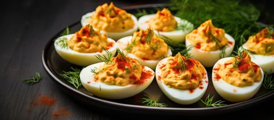 Fotobehang Spicy deviled eggs with paprika and dill, made at home. © 2rogan