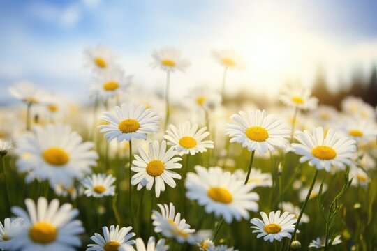 A field of white flowers under a blue sky, meadow of daisy stock. © kardaska