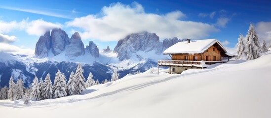 Italian alp chalets, dolomite snowy landscape, winter hiking trails