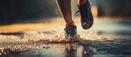 Runner splashing in rainy puddle.