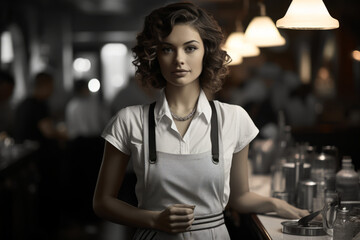 Girl working as a waitress in a vintage cafe in 1930s style and wears an apron - obrazy, fototapety, plakaty