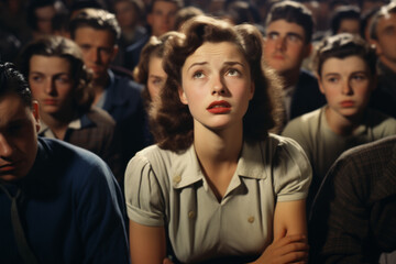 Obraz premium Movie audience with a young caucasian american woman central in the image, she looks mesmerised, vintage, 1950s style