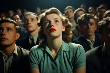 Movie audience with a young caucasian american woman central in the image, she looks mesmerised, vintage, 1950s style - obrazy, fototapety, plakaty