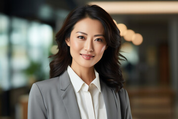 Fototapeta premium Portrait of an Asian professional consultant woman with a confident and engaging expression. Dressed in formal business attire, symbolizing her expertise and professionalism