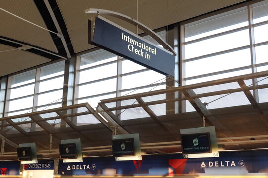 Delta International Check-in sign at Detroit Airport in Detroit, USA. September 5, 2023