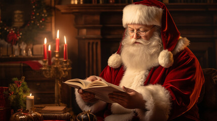 santa claus reading a book in the living room