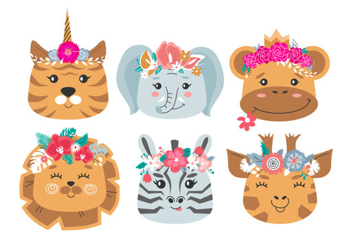 Animal heads in flower crowns set. Cute tiger,elephant, monkey, zebra, lion, giraffe. vector illustration for children design, poster, birthday greeting cards. 