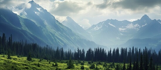 Summertime landscape photo of a mountain range, with peaks piercing through clouds in a forested valley, in high resolution.