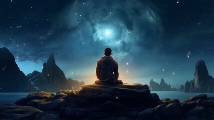 mystical night meditation: person on rock under milky way and moon, serene outdoor scene - obrazy, fototapety, plakaty