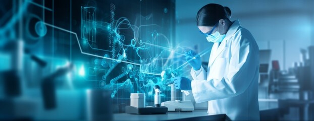 Scientists are experimenting Genetic research and Biotech science Human Biology and pharmaceutical technology on laboratory background. Medical science, Generative AI - obrazy, fototapety, plakaty