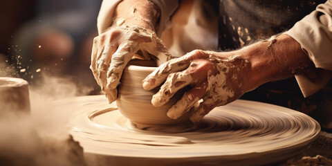 Close-up of Potter's Hands Shaping Clay on Pottery Wheel - obrazy, fototapety, plakaty