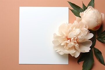 A peony with a blank paper and leaves in the background, Generative AI