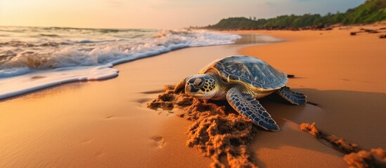Sea turtle seen at Kosgoda Sea Turtle Conservation Project in Sri Lanka, perfect for turtle watching. - obrazy, fototapety, plakaty