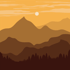 illustration of mountain and forest views at nightfall.