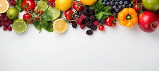 Variety of fruits and vegetables background. Copy space for text. Generative AI technology.	
