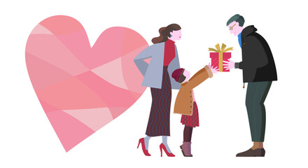 お父さんにプレゼントを渡す冬服の家族と大きなハートのアイキャッチイラスト