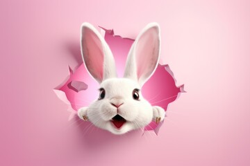 The surprised rabbit looks through a hole in wall. The concept of a happy Easter.