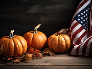 American flags and pumpkin for memorial day or veteran's day background, Generative AI