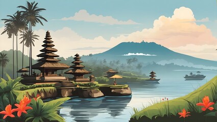 Bali Indonesia landscape wallpaper vector art, Generative AI