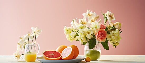 Cheerful breakfast setup with fruity pomelo and freesia bouquet.
