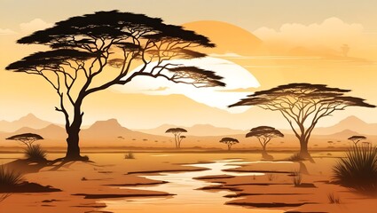 Sunset African landscape wallpaper vector art, Generative AI