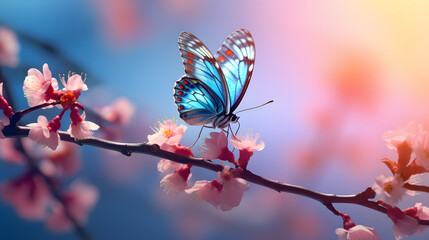 beautiful blue yellow butterfly in flight and branch of flowering apricot tree in spring at Sunrise...